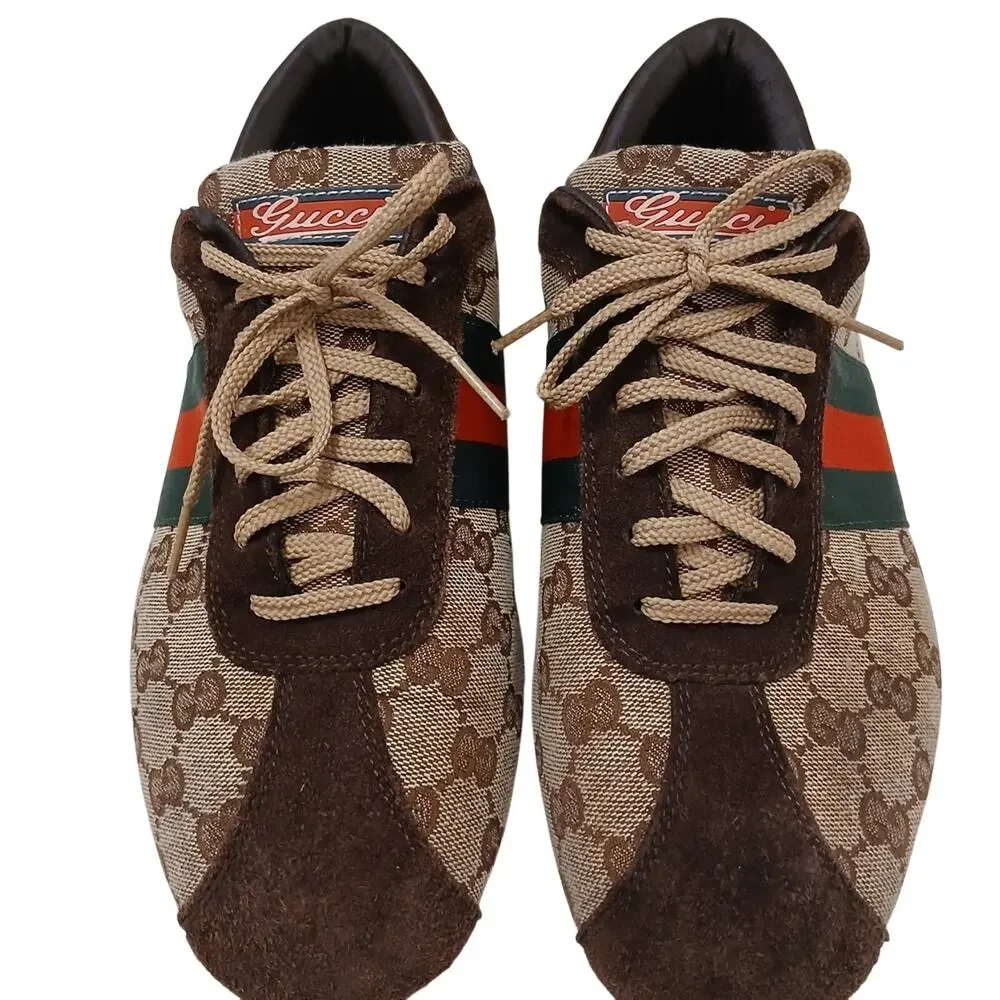 Gucci Web Detail Trainers Men 9.5 GG Canvas Suede Brown Tan Logo w‎ BOX AND Card